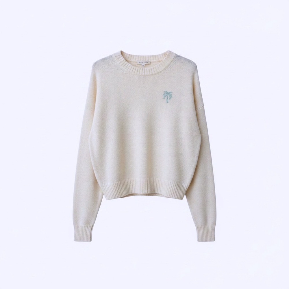 Happily Grey Sweater Women Medium Cream NWT Palm Tree Embroidered Oversized Crop